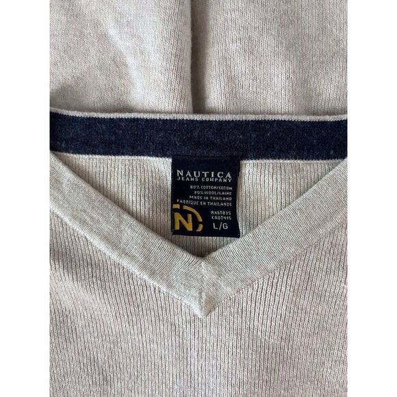 Nautica Mens Sweater Pullover Beige Long Sleeve V Neck Cotton Wool Size Large - Picture 8 of 9